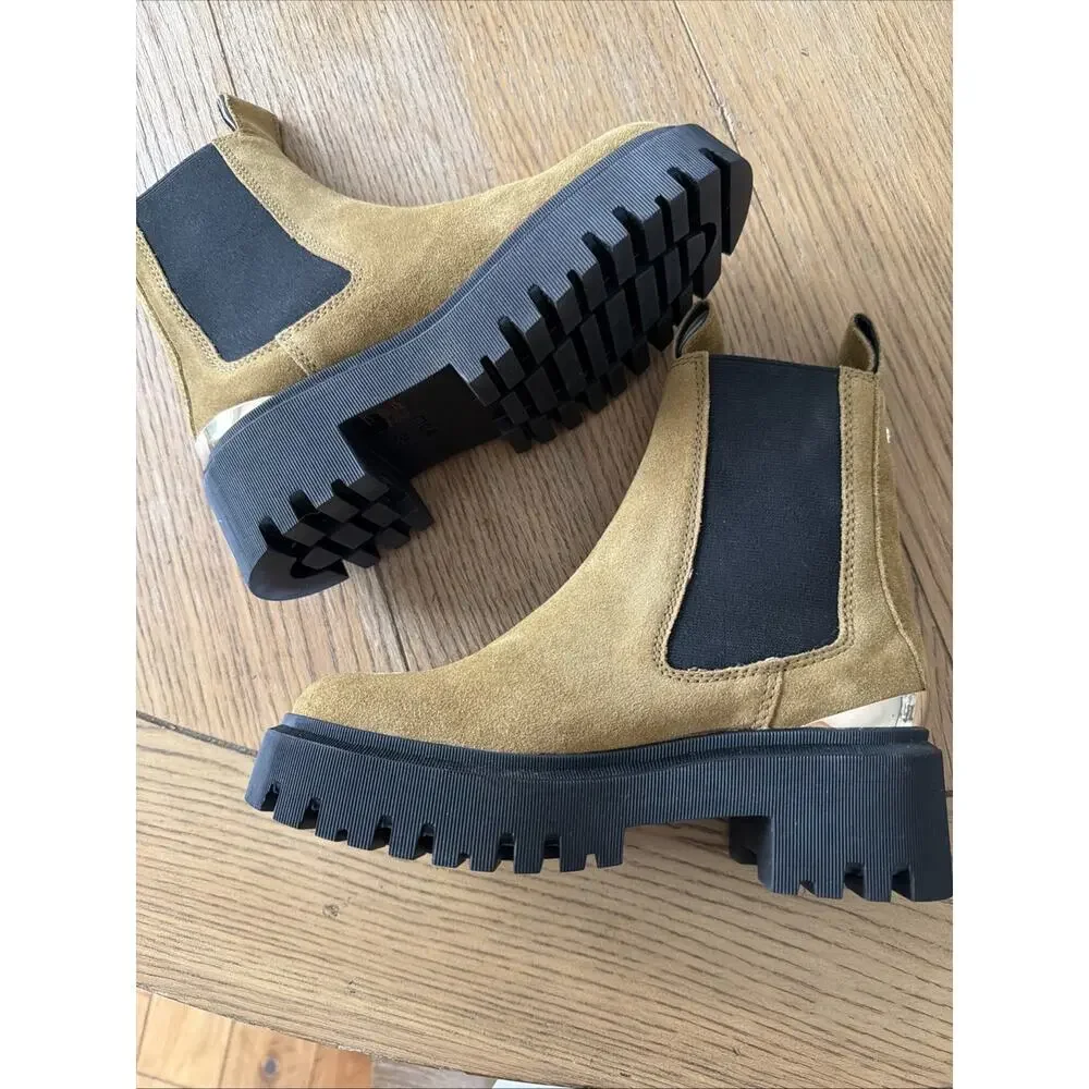 Maje Camel Leather Chelsea Platform‎ Ankle Boots 36 Metallic Panel Lug NWOB